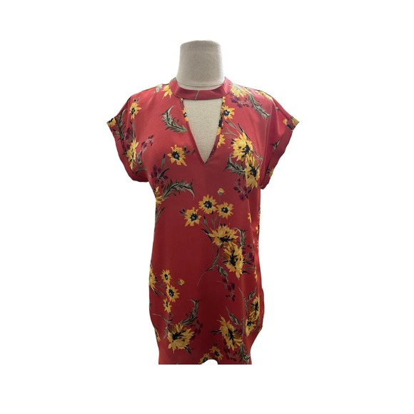 Express Red Sunflower Print Keyhole Lightweight Satin Feel Blouse Size Small - Picture 9 of 9